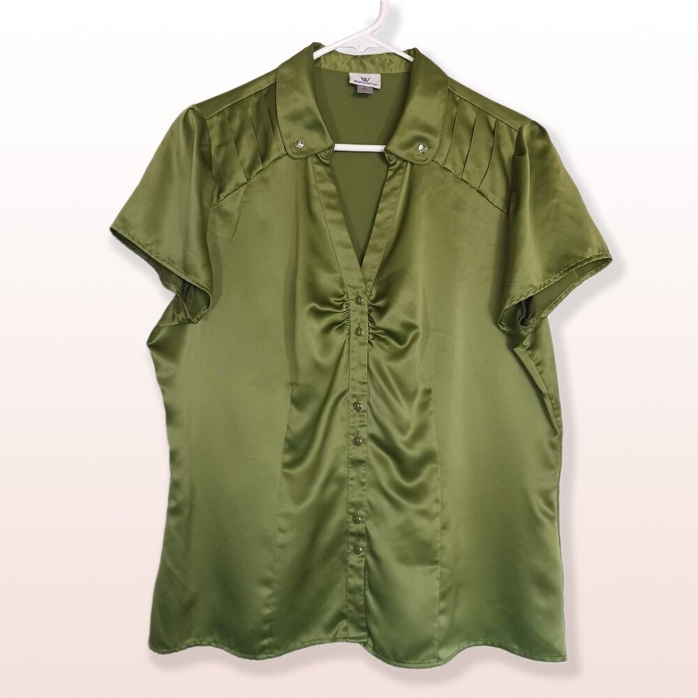 Worthington Green Satin Short Sleeve Blouse Great Buttons Size XL*